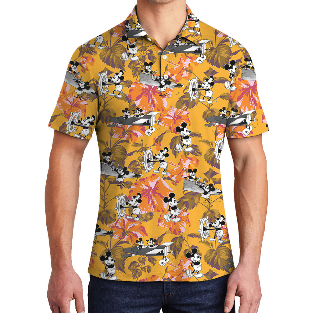 Cute Mickey Steamboat Willie Tropical Hibiscus Yellow Hawaiian Polo Shirt - variant image 1