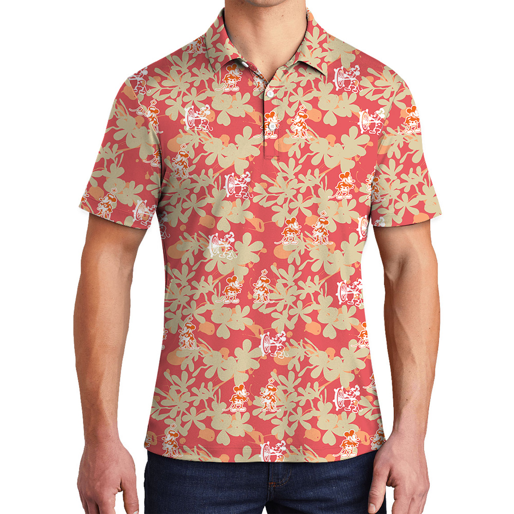 Orange Vintage Floral Steamboat Willie Mickey Hawaiian Polo Shirt - variant image 1
