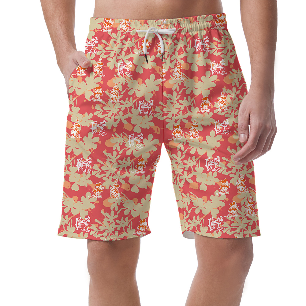 Vintage Floral Steamboat Willie Mickey Orange Hawaiian Beach Shorts For Men - variant image 1
