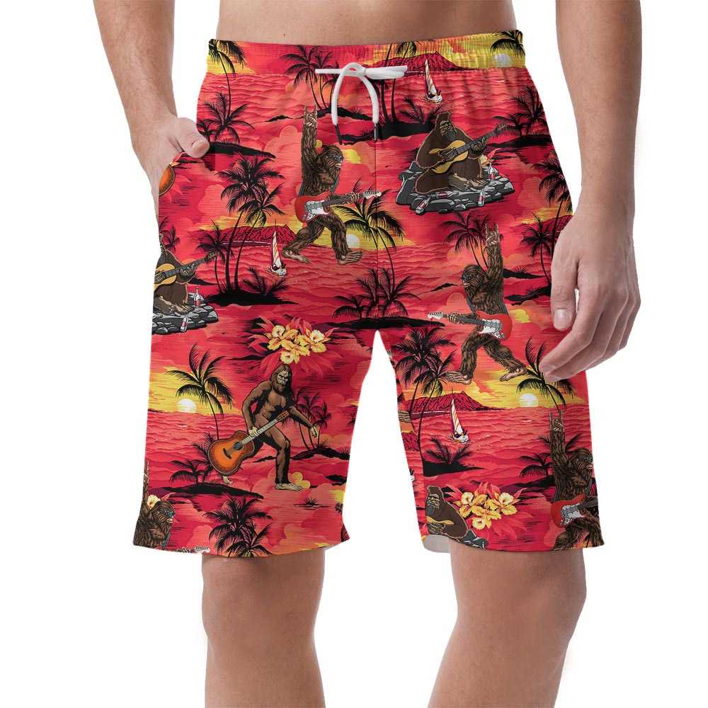 Red Men's Hawaiian Shorts With Bigfoot Pattern - variant image 1