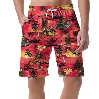 Red Men's Hawaiian Shorts With Bigfoot Pattern