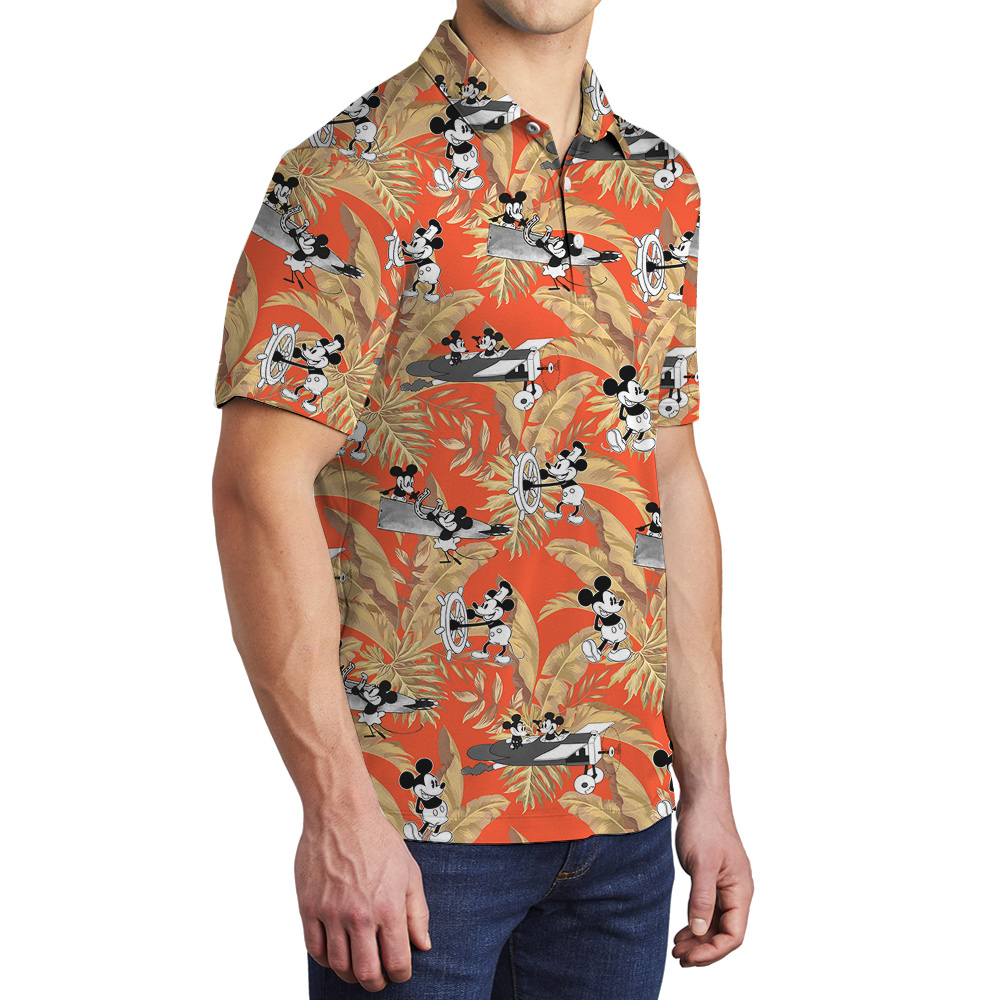 Cute Mickey Steamboat Willie Tropical Leaves Orange Hawaiian Polo Shirt
