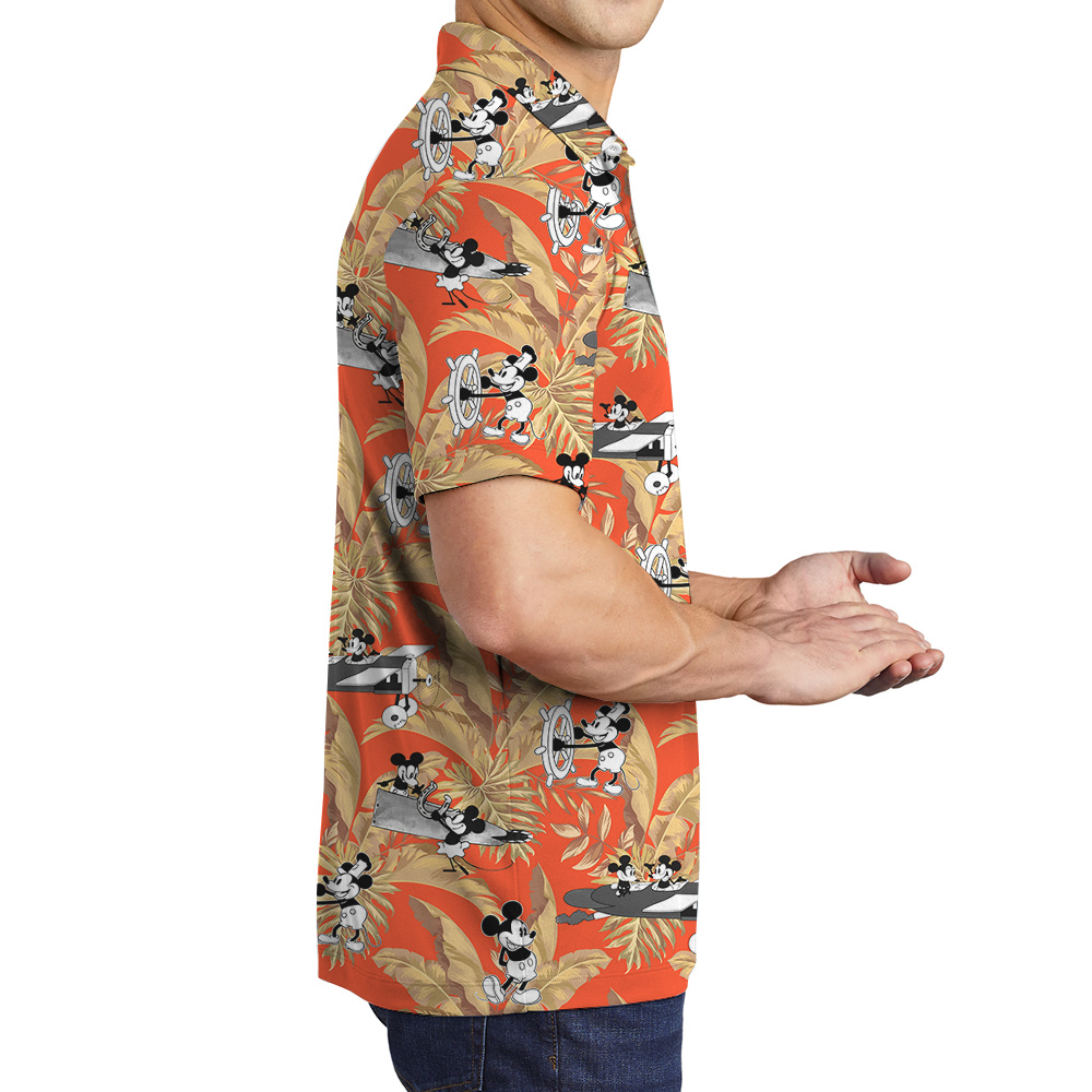 Cute Mickey Steamboat Willie Tropical Leaves Orange Hawaiian Polo Shirt