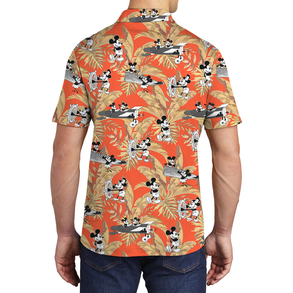 Cute Mickey Steamboat Willie Tropical Leaves Orange Hawaiian Polo Shirt