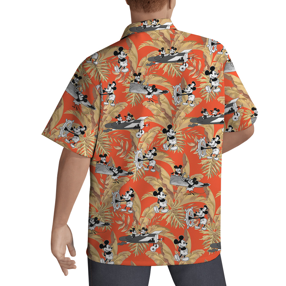 Tropical Leaves Mickey Steamboat Willie 1928 Orange Hawaiian Shirt