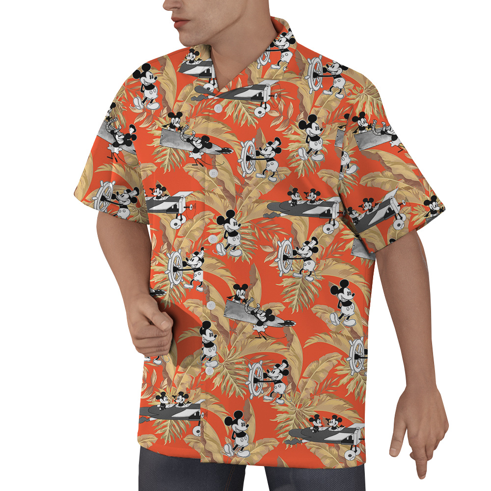 Tropical Leaves Mickey Steamboat Willie 1928 Orange Hawaiian Shirt