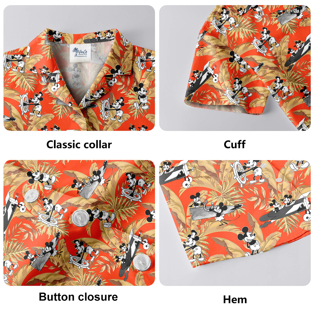 Tropical Leaves Mickey Steamboat Willie 1928 Orange Hawaiian Shirt