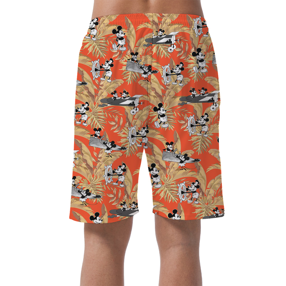Steamboat Willie Mickey Tropical Leaves Orange Hawaiian Beach Shorts For Men
