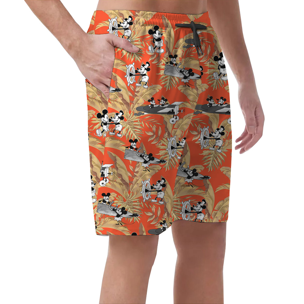 Steamboat Willie Mickey Tropical Leaves Orange Hawaiian Beach Shorts For Men