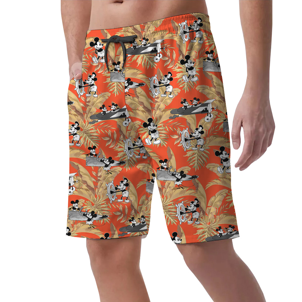 Steamboat Willie Mickey Tropical Leaves Orange Hawaiian Beach Shorts For Men