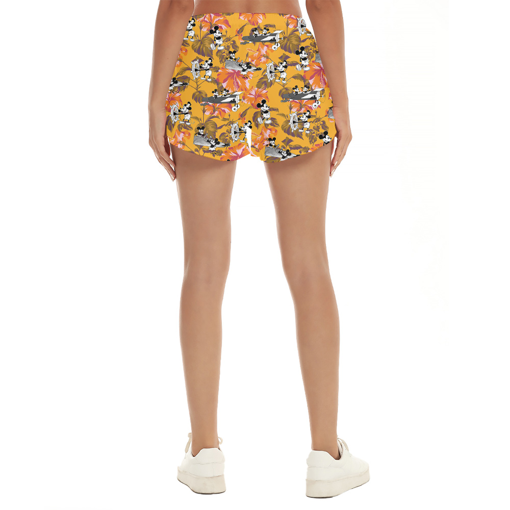 Cute Mickey Steamboat Willie Hibiscus Yellow Hawaiian Beach Shorts For Women