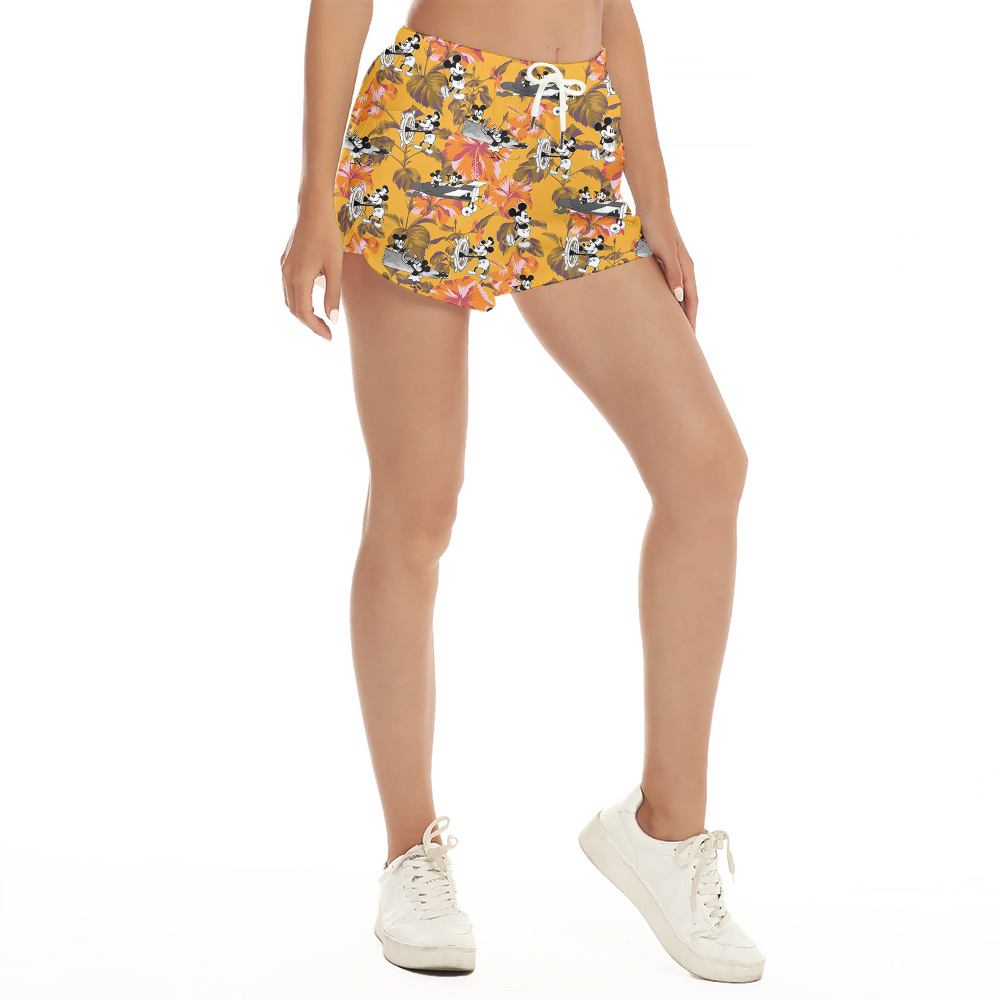 Cute Mickey Steamboat Willie Hibiscus Yellow Hawaiian Beach Shorts For Women