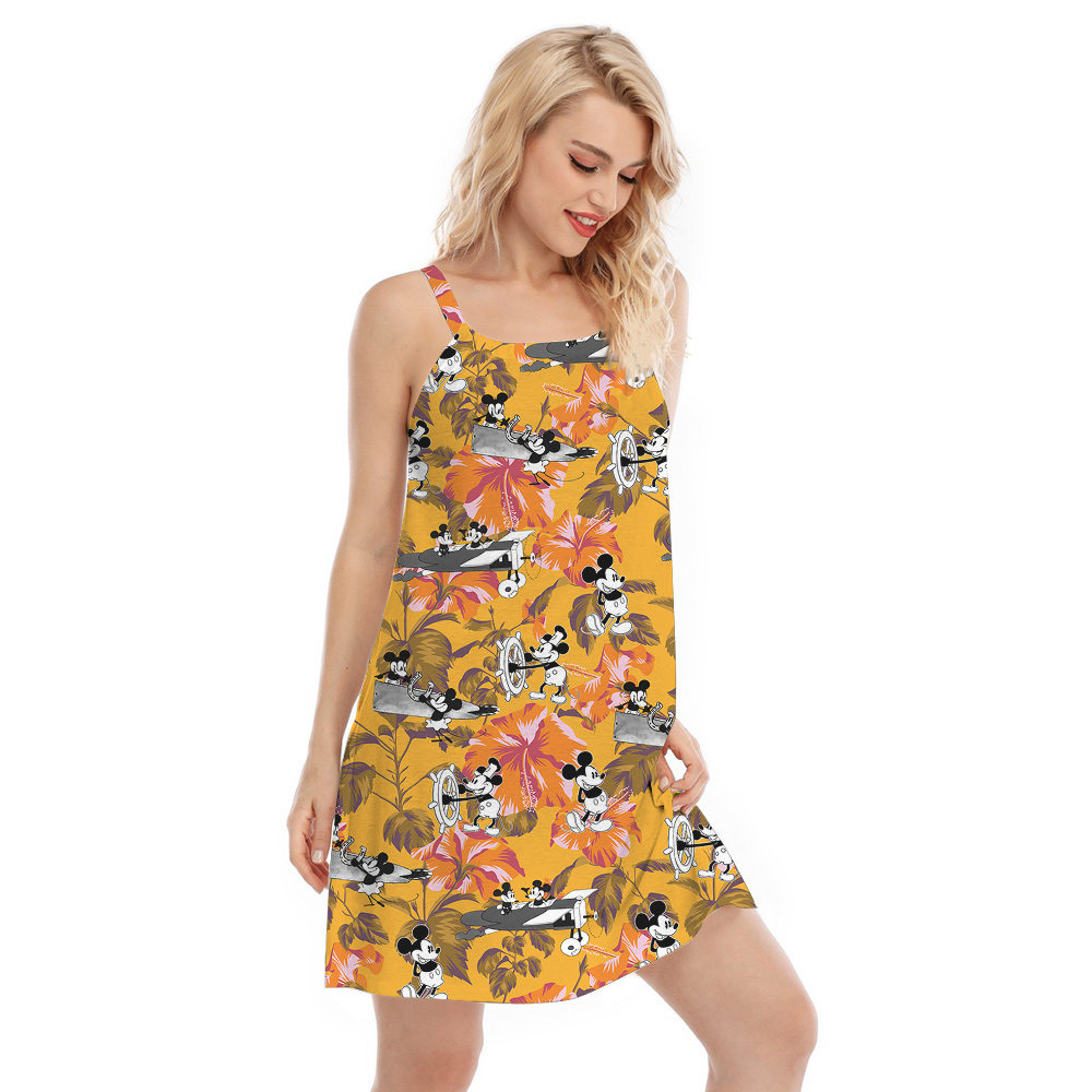 Cute Mickey Steamboat Willie Hibiscus Yellow Hawaiian Dress