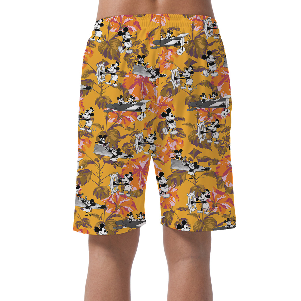 Cute Mickey Steamboat Willie 1928 Hibiscus Yellow Hawaiian Beach Shorts For Men