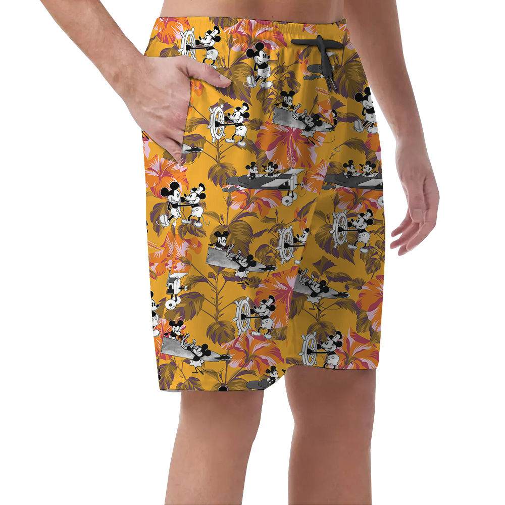 Cute Mickey Steamboat Willie 1928 Hibiscus Yellow Hawaiian Beach Shorts For Men