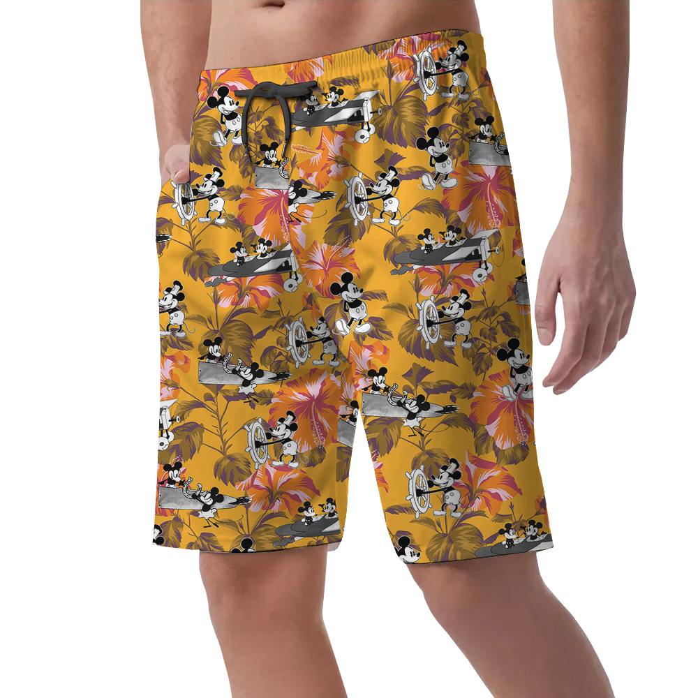 Cute Mickey Steamboat Willie 1928 Hibiscus Yellow Hawaiian Beach Shorts For Men