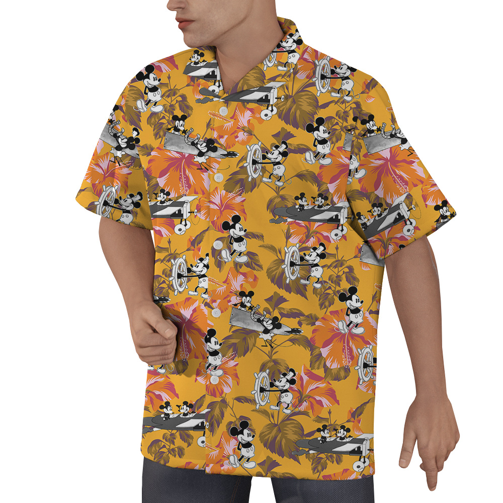 Floral Hibiscus Mickey Steamboat Willie Yellow Hawaiian Shirt
