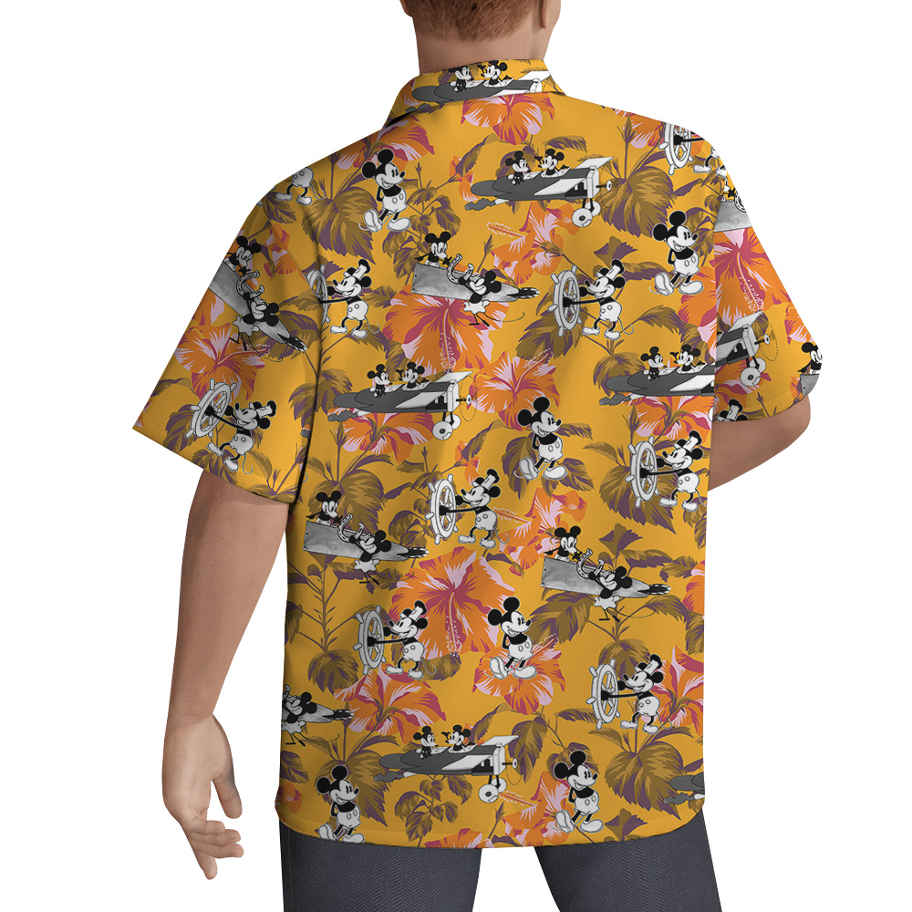 Floral Hibiscus Mickey Steamboat Willie Yellow Hawaiian Shirt