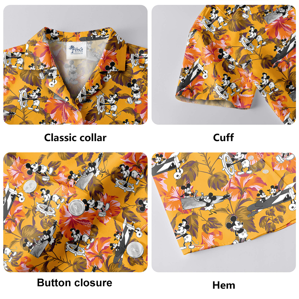 Floral Hibiscus Mickey Steamboat Willie Yellow Hawaiian Shirt