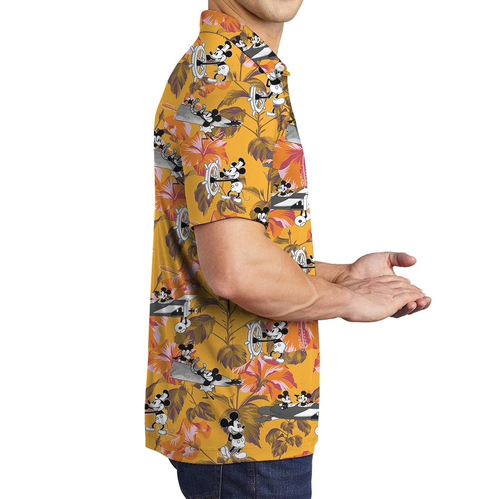 Cute Mickey Steamboat Willie Tropical Hibiscus Yellow Hawaiian Polo Shirt