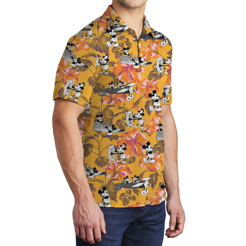 Cute Mickey Steamboat Willie Tropical Hibiscus Yellow Hawaiian Polo Shirt