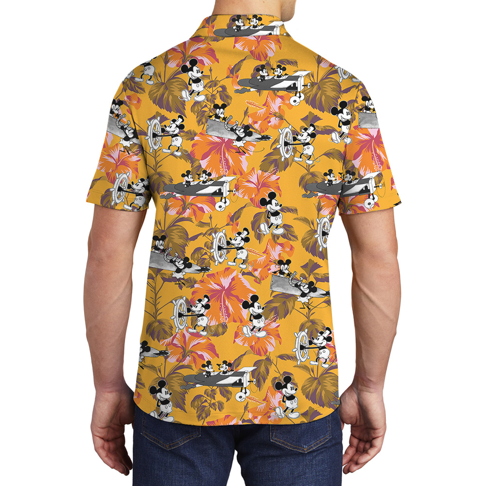 Cute Mickey Steamboat Willie Tropical Hibiscus Yellow Hawaiian Polo Shirt