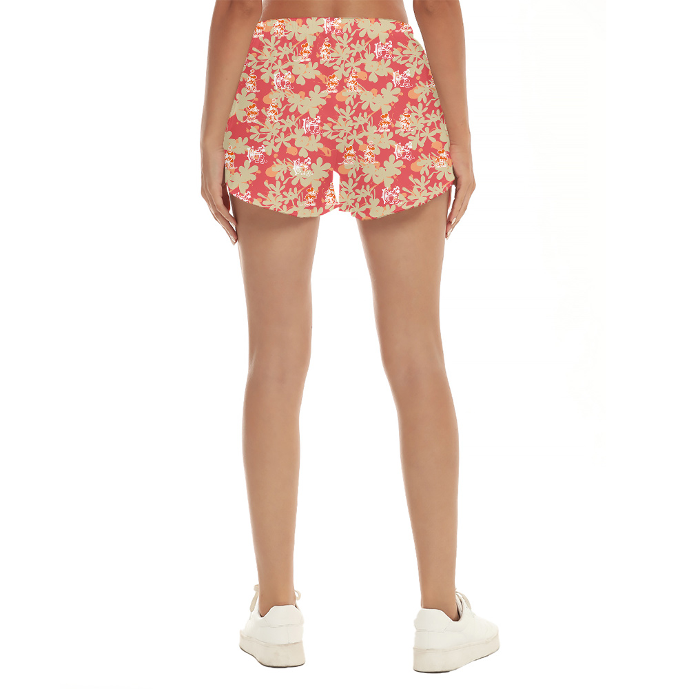 Cute Mickey Steamboat Willie Floral Orange Hawaiian Beach Shorts For Women