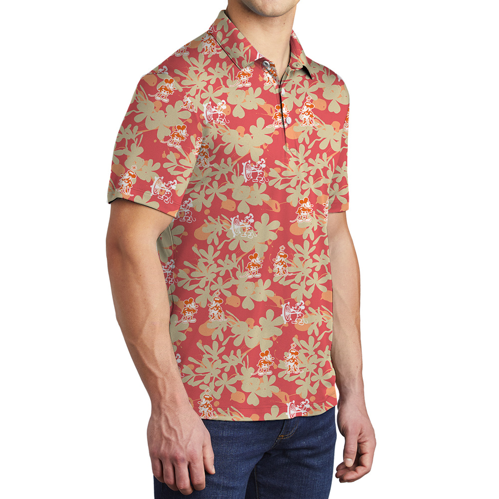 Orange Vintage Floral Steamboat Willie Mickey Hawaiian Polo Shirt