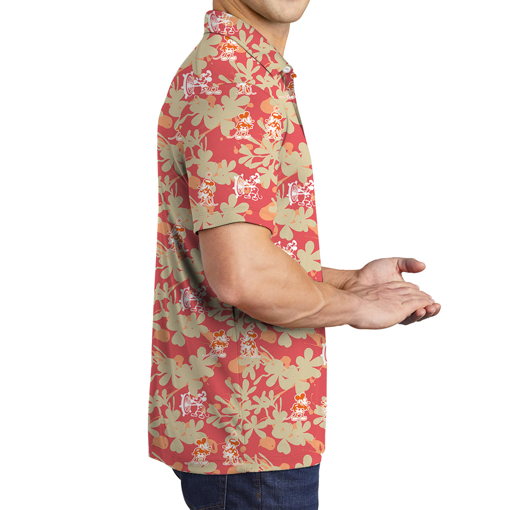 Orange Vintage Floral Steamboat Willie Mickey Hawaiian Polo Shirt