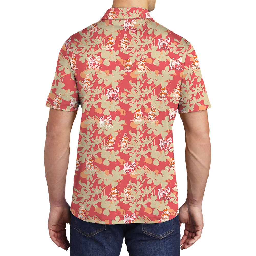 Orange Vintage Floral Steamboat Willie Mickey Hawaiian Polo Shirt