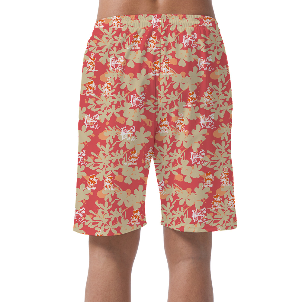 Vintage Floral Steamboat Willie Mickey Orange Hawaiian Beach Shorts For Men