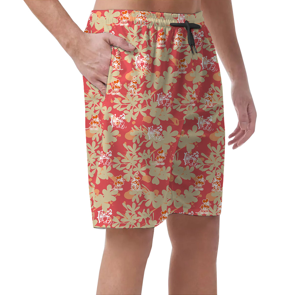 Vintage Floral Steamboat Willie Mickey Orange Hawaiian Beach Shorts For Men