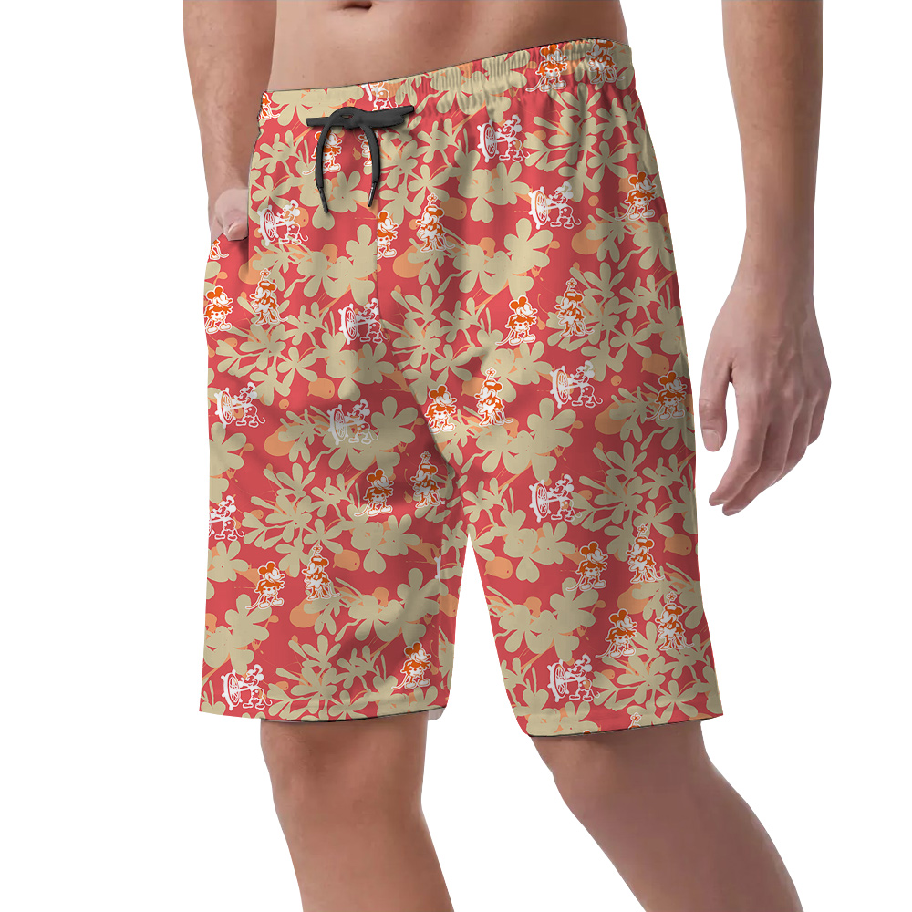 Vintage Floral Steamboat Willie Mickey Orange Hawaiian Beach Shorts For Men