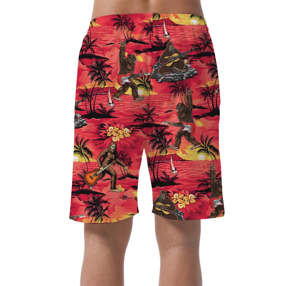 Red Men's Hawaiian Shorts With Bigfoot Pattern