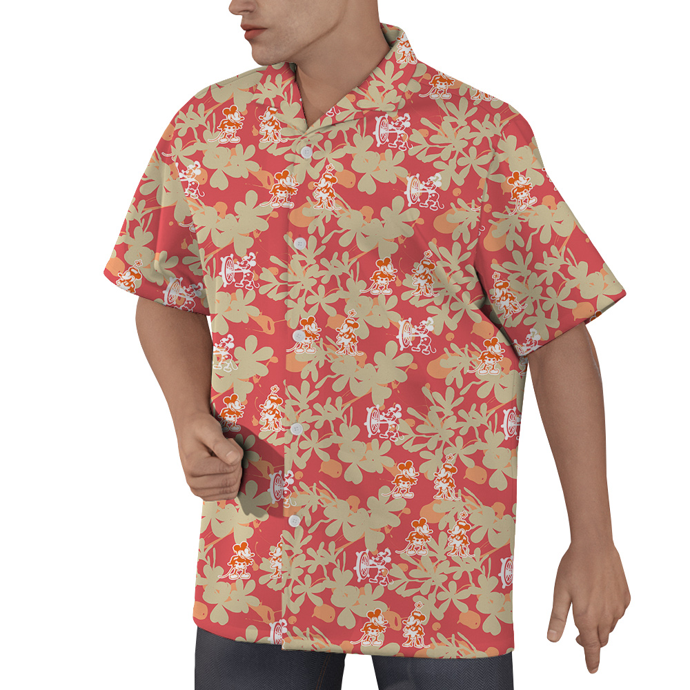 Vintage Floral Mickey Steamboat Willie Orange Hawaiian Shirt