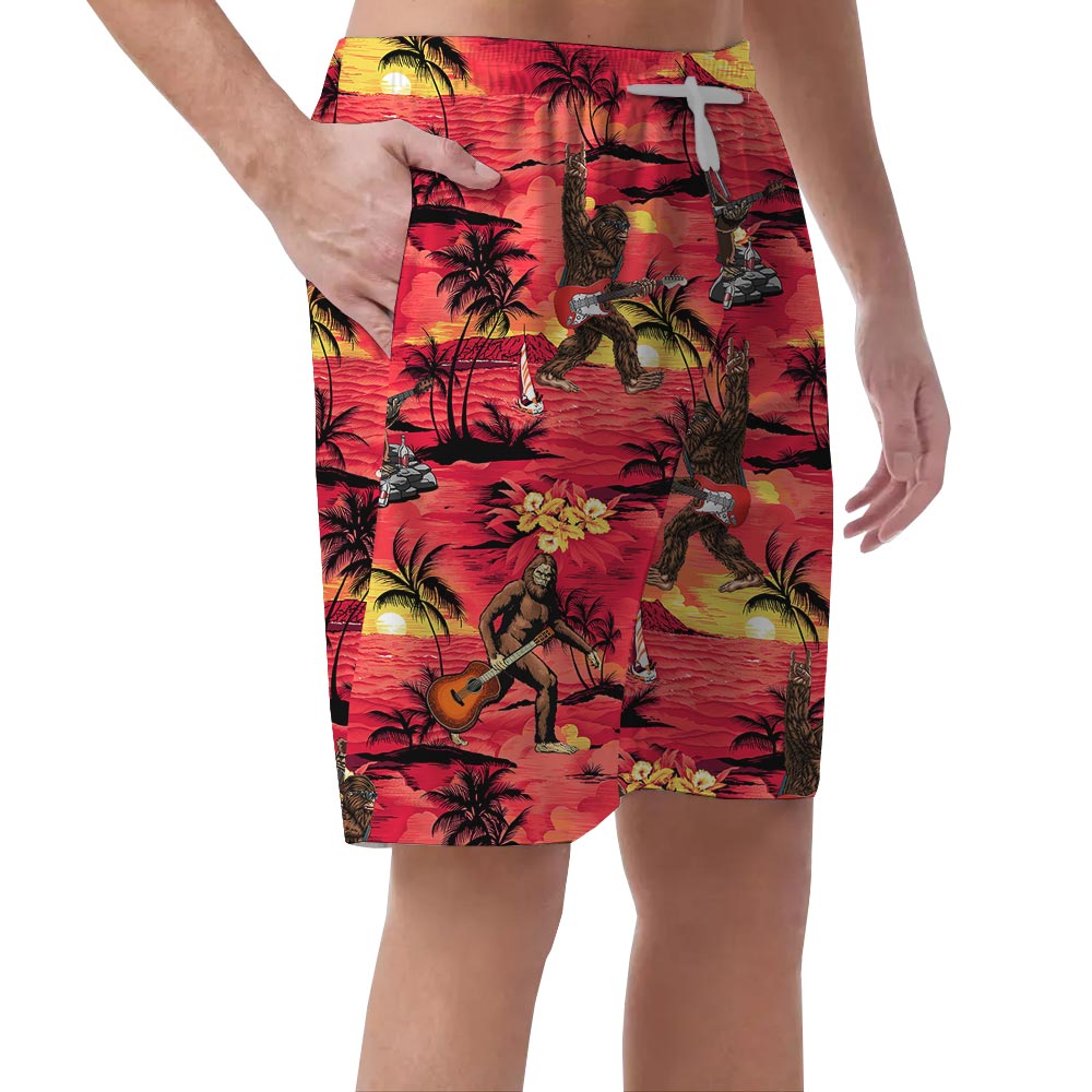 Red Men's Hawaiian Shorts With Bigfoot Pattern