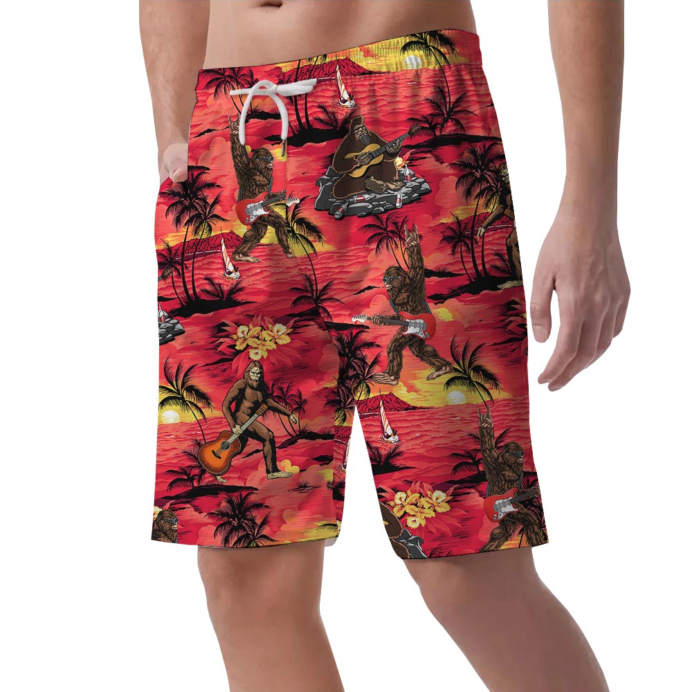 Red Men's Hawaiian Shorts With Bigfoot Pattern
