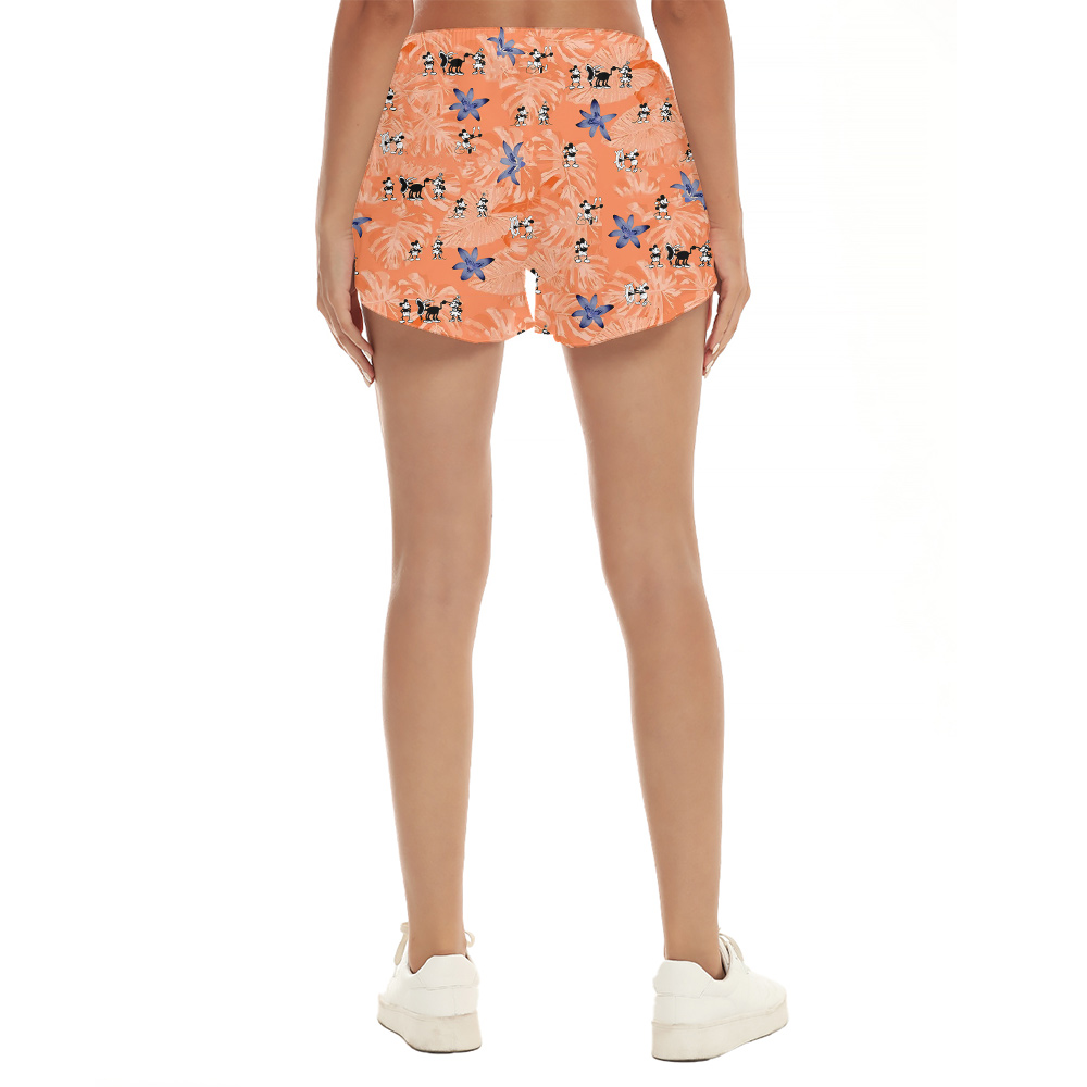 Tropical Vintage Mickey Steamboat Willie Orange Hawaiian Beach Shorts For Women