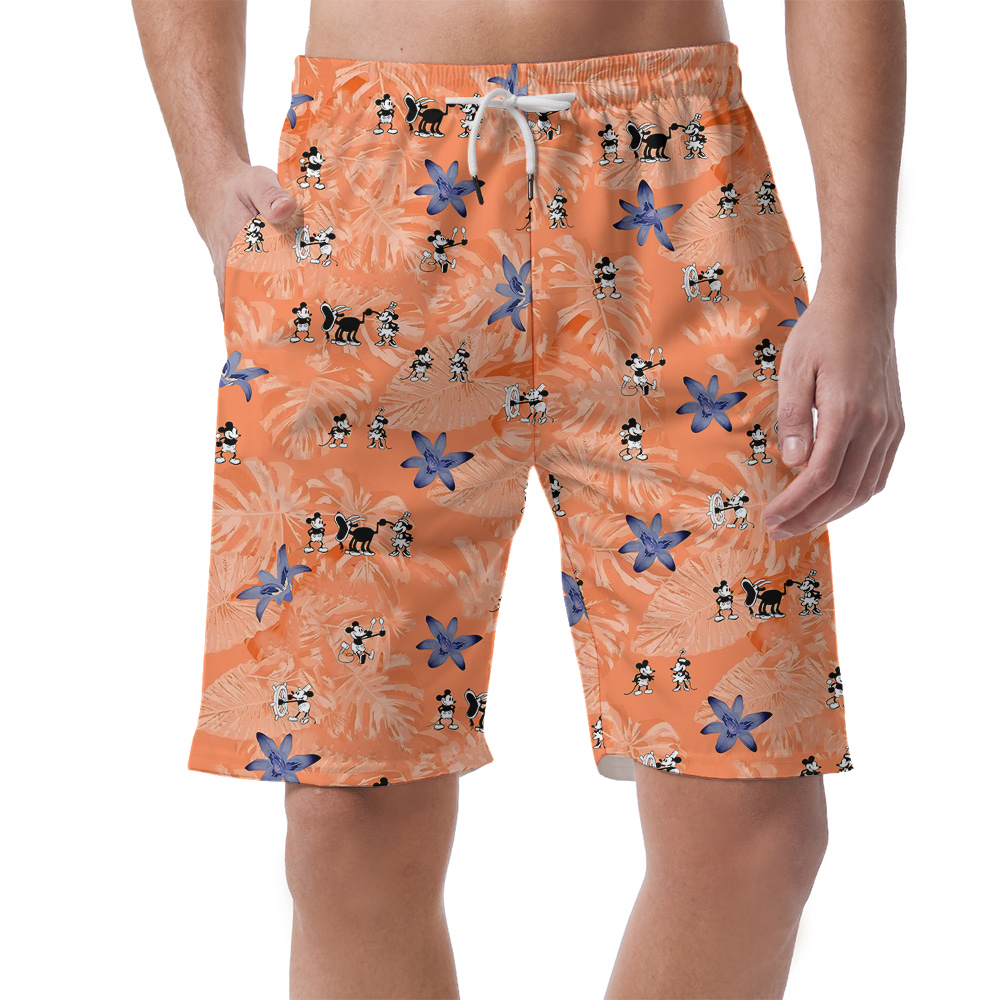 Funny Mickey Steamboat Willie Tropical Orange Hawaiian Beach Shorts For Men - variant image 1