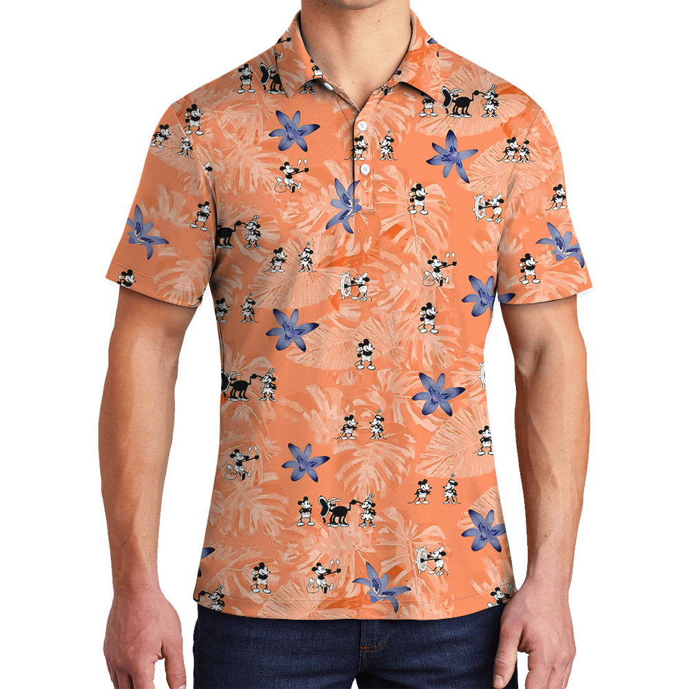 Funny Mickey Steamboat Willie 1928 Tropical Orange Hawaiian Polo Shirt - variant image 1