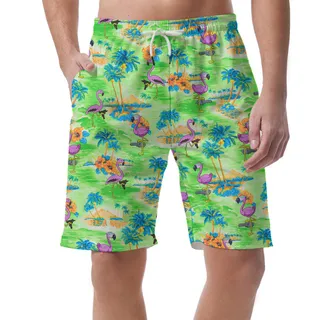 Green Hawaiian Shorts Men With Flamingo Pattern