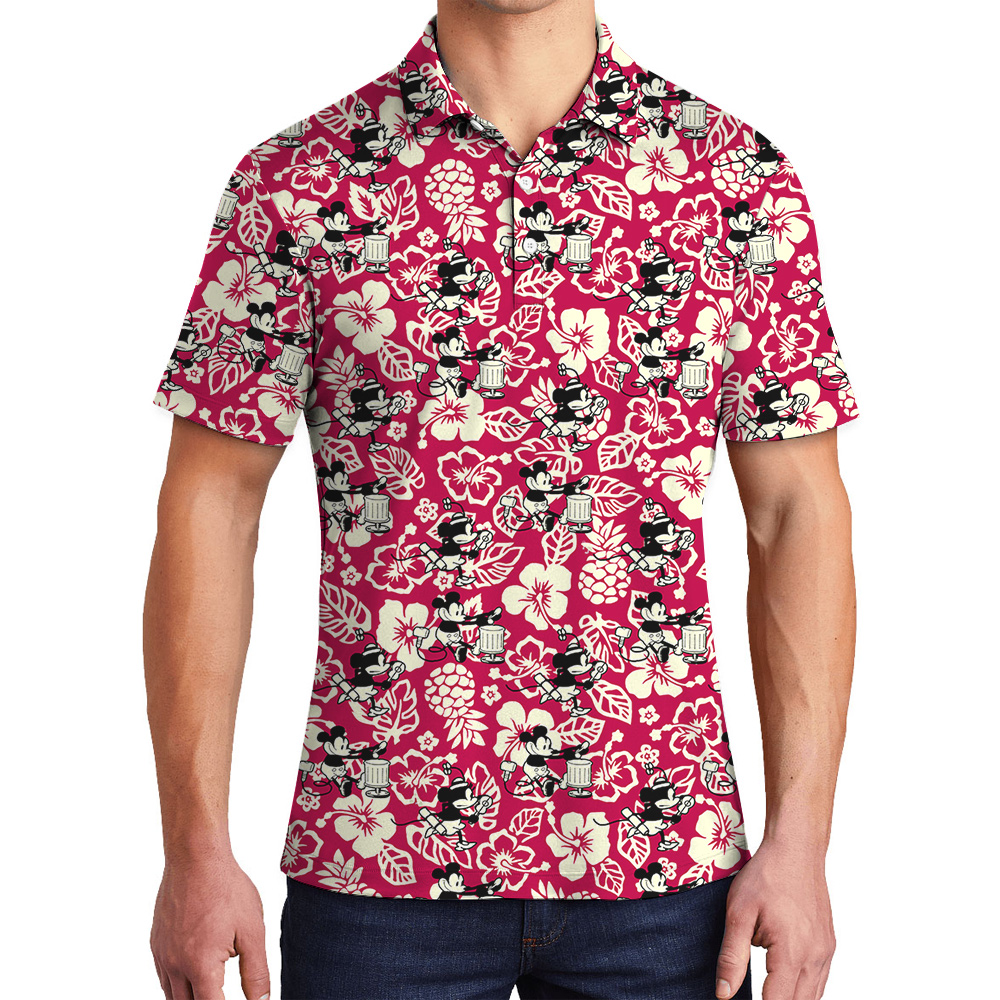 Cute Mickey Steamboat Willie Vintage Hibiscus Hawaiian Polo Shirt - variant image 1