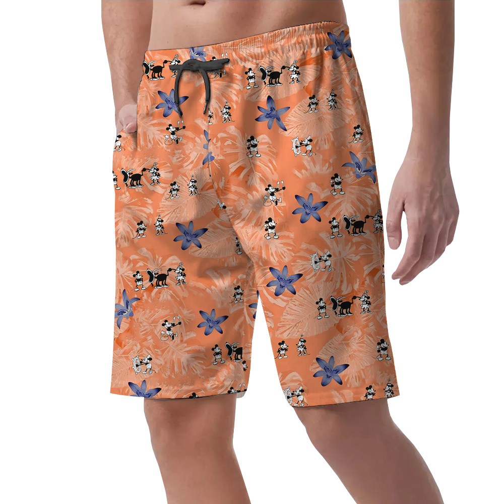 Funny Mickey Steamboat Willie Tropical Orange Hawaiian Beach Shorts For Men