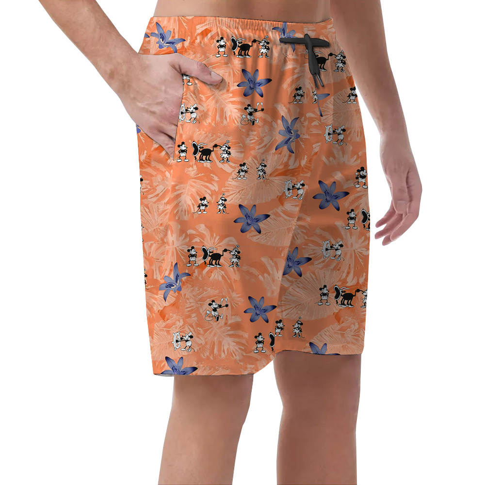 Funny Mickey Steamboat Willie Tropical Orange Hawaiian Beach Shorts For Men