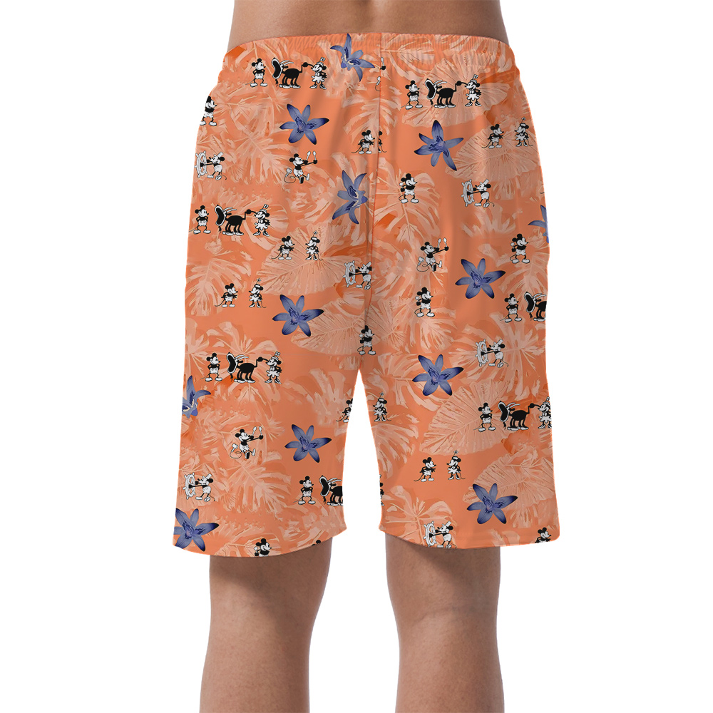 Funny Mickey Steamboat Willie Tropical Orange Hawaiian Beach Shorts For Men