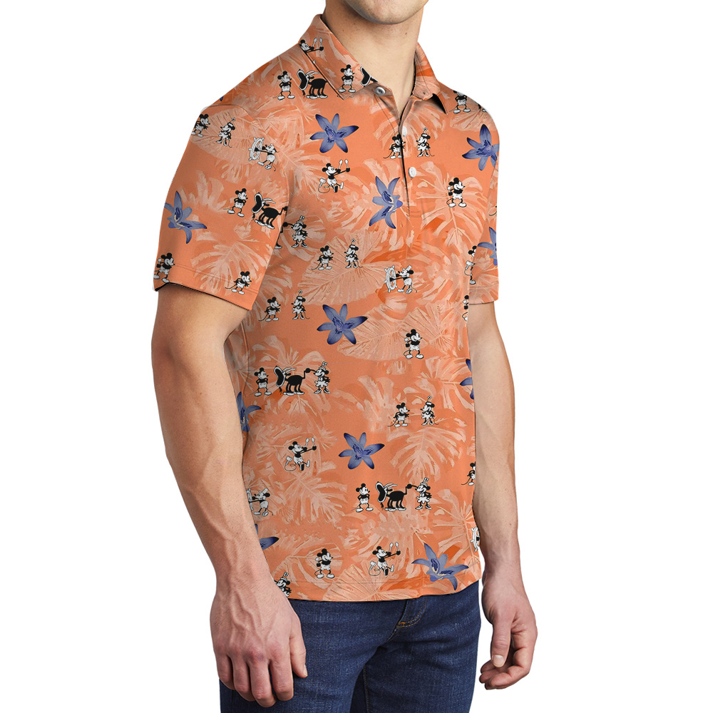 Funny Mickey Steamboat Willie 1928 Tropical Orange Hawaiian Polo Shirt