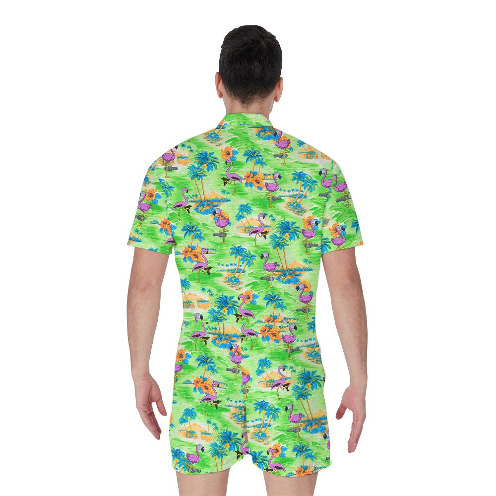 Flamingo Print Beach Hawaiian Romper Men