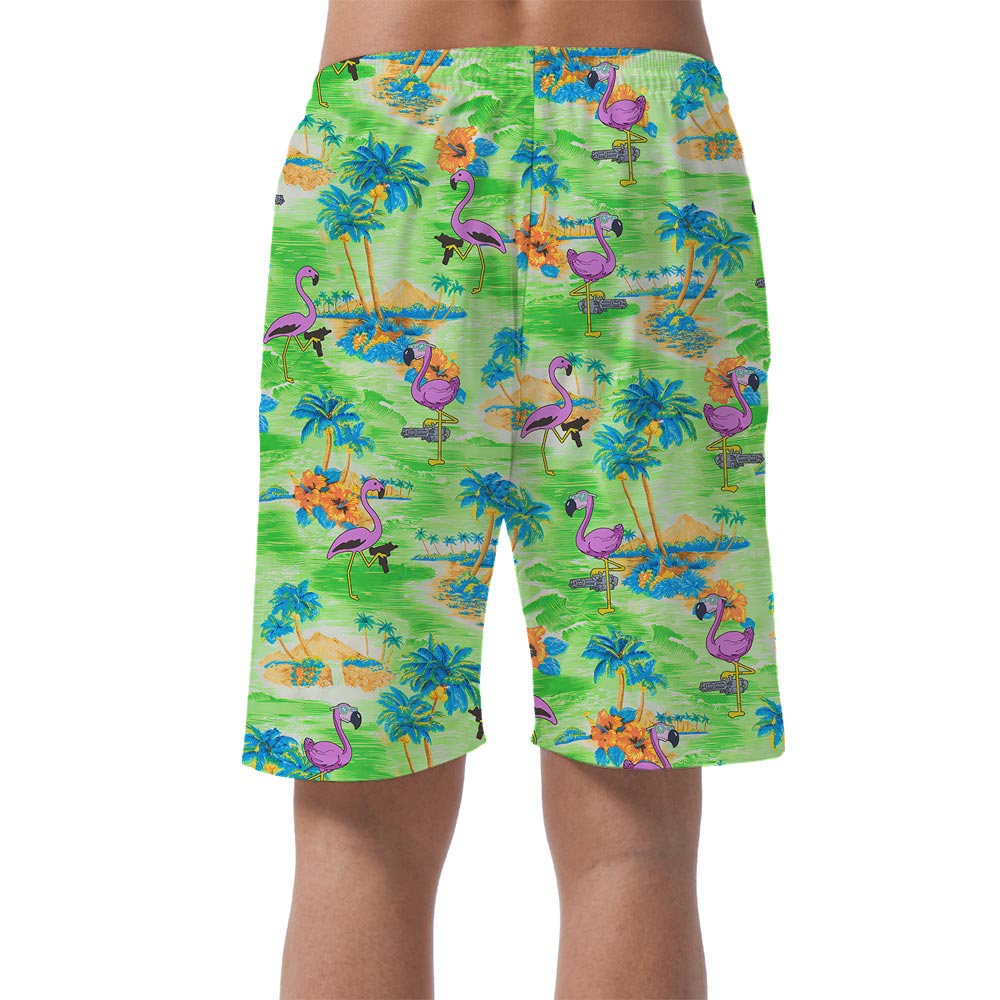 Green Hawaiian Shorts Men With Flamingo Pattern