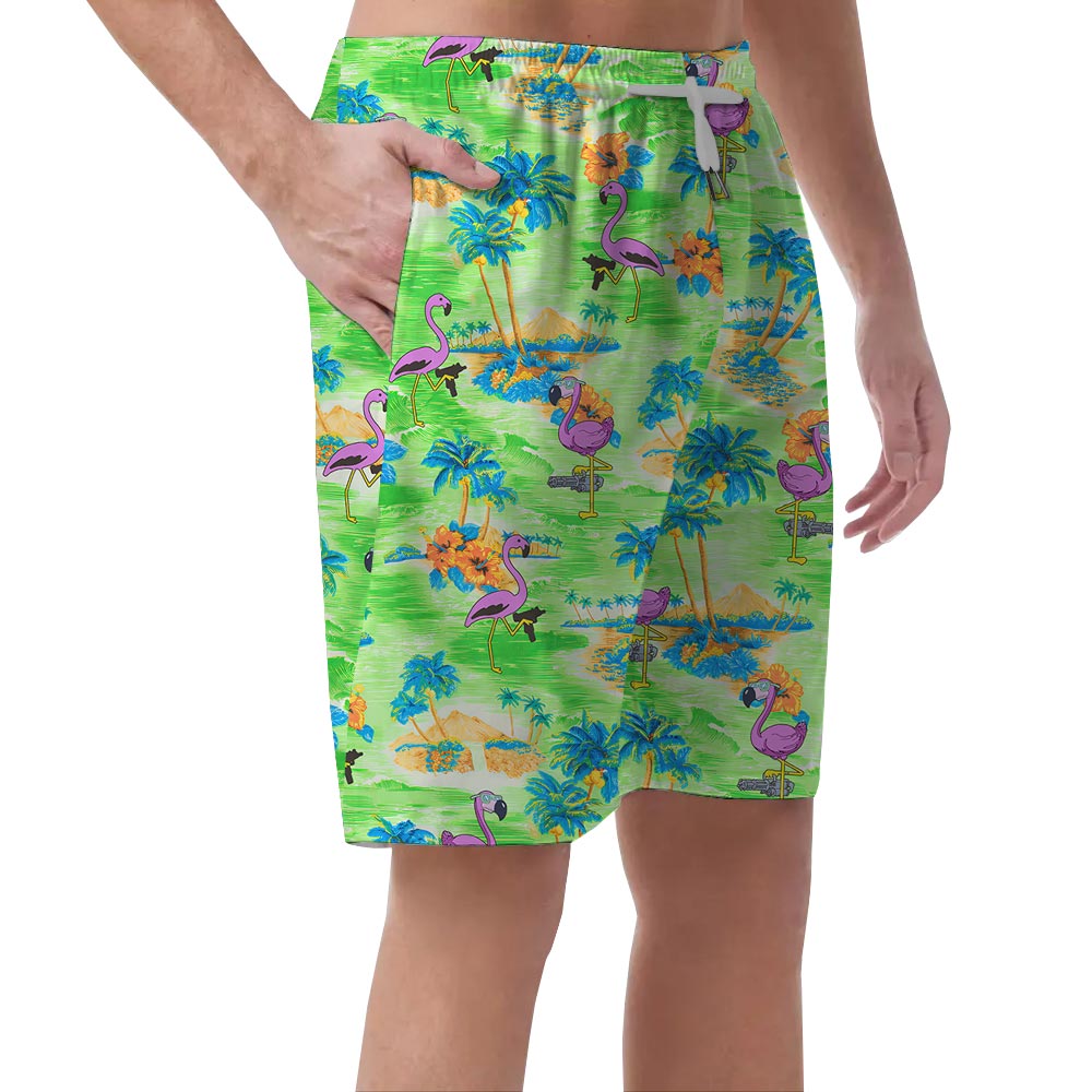 Green Hawaiian Shorts Men With Flamingo Pattern