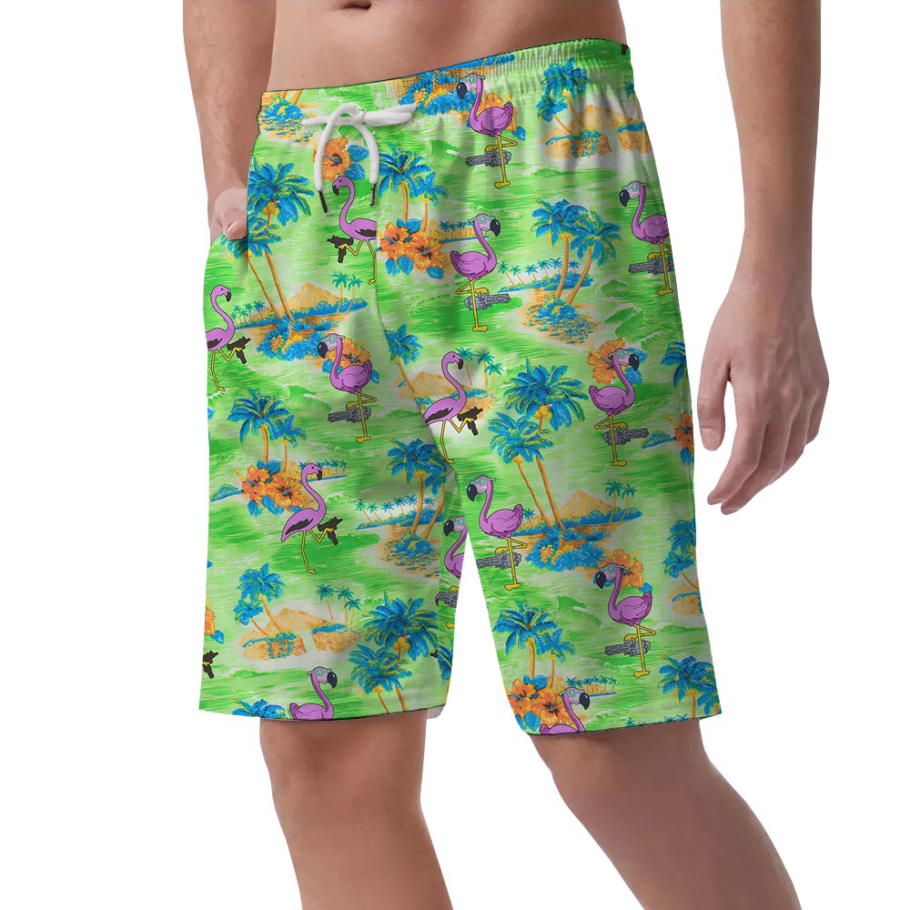 Green Hawaiian Shorts Men With Flamingo Pattern
